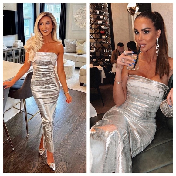 Zara Dresses & Skirts - Zara Silver Fitted Metallic Maxi Dress Strapless XS Blogger Fave